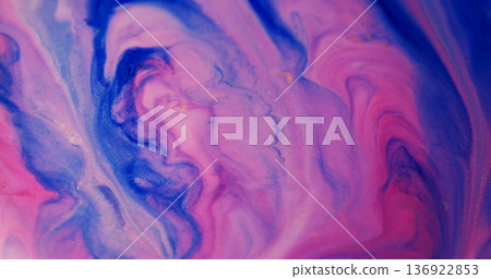 Defocused spreading paint. Color blob blot. Purple fluid blotch splash on blue acrylic background. Art blend abstract neon texture. 136922853