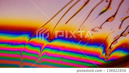 Blur art flow. Psychedelic chemical ink. Droplet blob trails on striped rainbow color gasoline texture. Abstract gradient bright wave background. 136922858