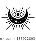 Celestial eye in crescent moon with sun rays. Mystical occult sunburst symbol for esoteric design. 136922893