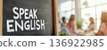 Classroom with blurred students and focus on Speak English sign, education concept 136922985