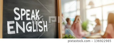 Classroom with blurred students and focus on Speak English sign, education concept 136922985
