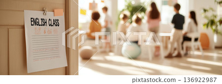 Classroom scene with English lesson sign on door, educational background 136922987