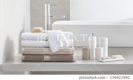 Stack of soft folded towels on marble shelf in modern bathroom, background 136922992