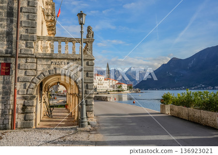 Maritime Museum Facade on Perast Waterfront with Bay and Old Town View Maritime Museum Facade on Perast Waterfront with Bay and Old Town View 136923021