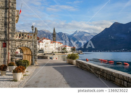 Panoramic View of Perast Old Town Waterfront Bay and Maritime Museum 136923022