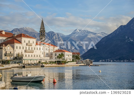 Panoramic View of Historic Coastal Town Perast Montenegro Panoramic View of Historic Coastal Town Perast Montenegro 136923028