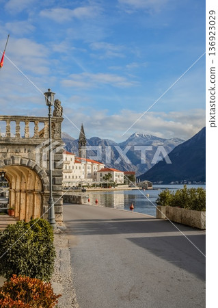 Vertical View of Perast Old Town Bay and Maritime Museum Facade 136923029
