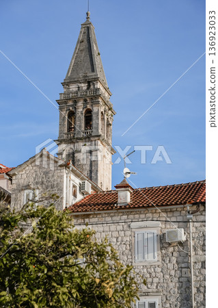 Vertical View of Catholic Bell Tower in Perast 136923033