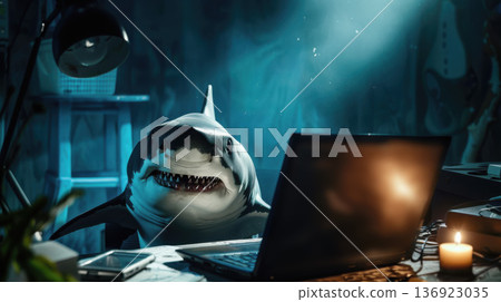 This intimidating shark working on a computer highlights the lurking predators in the digital ocean, emphasizing internet safety. This intimidating shark working on a computer highlights the lurking predators in the digital ocean, emphasizing internet safety. 136923035