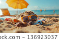 Under the shade of an umbrella, a laid-back hedgehog in sunglasses soaks up the beach atmosphere with a carefree spirit. 136923037