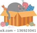 Sleeping cat inside a box with tangled yarn balls for a cute scene. PNG 136923041