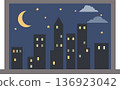 Nighttime cityscape viewed through a window with glowing lights and dark sky. PNG 136923042