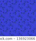 Minimal seamless pattern with black branches and leaves on blue background. Subtle circular texture adds depth. Ideal for modern textiles, wallpapers, or elegant packaging 136923066