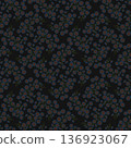 Seamless floral pattern with blue petals and reddish centers on black background. Balanced composition and vivid contrast perfect for apparel, stationery, or digital backgrounds 136923067