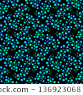 Vibrant seamless pattern with swirling blue flowers and green stems on black background. Hypnotic floral design ideal for fashion prints, digital art, or statement accessories 136923068