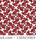 Seamless pattern with stylized red flowers, black accents, and green stems. Bold contrast and symmetry create dynamic floral design suitable for fashion, stationery, or home decor 136923069