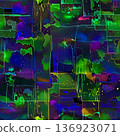 Abstract neon mosaic pattern with glowing geometric shapes, dark blue background, vivid green and purple fragments, futuristic digital texture, modern nightlife energ 136923071