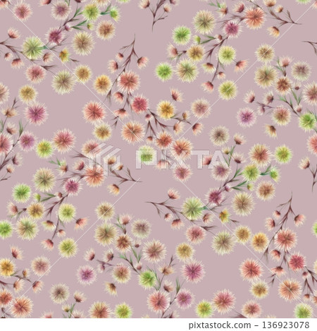 Floral pattern with pastel spiky flowers and brown stems on mauve background. Soft colors and organic layout create gentle, elegant texture for textile, wallpaper, decor, design Floral pattern with pastel spiky flowers and brown stems on mauve background. Soft colors and organic layout create gentle, elegant texture for textile, wallpaper, decor, design 136923078