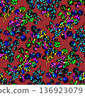Floral pattern with colorful stylized flowers on deep red background. Jagged petals and bright tones create bold, dynamic texture for textile, wallpaper, decor, digital art 136923079