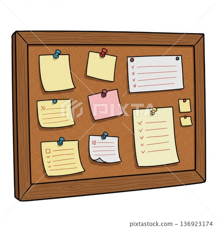 Colorful Notes on Brown Corkboard with Wood Frame 136923174