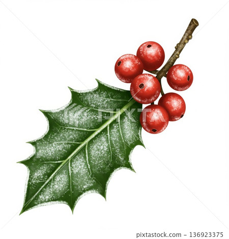 Holly Sprig with Red Berries and Frosty Green Leaf 136923375