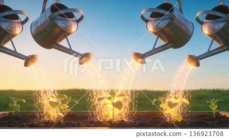 Rows of metal watering cans pour sparkling streams onto young seedlings in a raised bed at sunrise 136923708