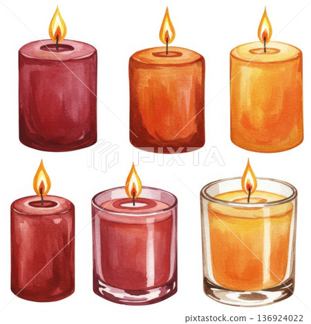 Watercolor Illustration of Six Burning Candles 136924022