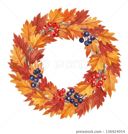 Autumn Wreath with Red and Blue Berries 136924054