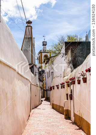 Beautiful narrow cobblestone Rua de Santa Maria street in the traditional village of Nisa, in Alentejo, Portugal Beautiful narrow cobblestone Rua de Santa Maria street in the traditional village of Nisa, in Alentejo, Portugal 136924180