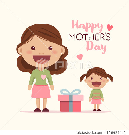 Happy Mothers day wishes card. A little girl gives a gift to her mother 136924441