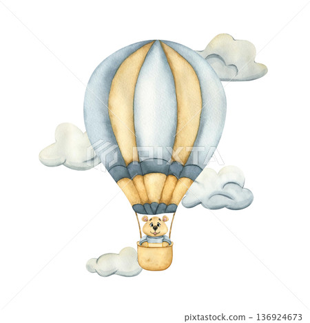 Kids Toy Teddy Bear on a Hot air Balloon in clouds. Watercolor kids illustration of a hot air Balloon in blue and beige colors. A teddy bear is flying on a hot air balloon. Illustration for kids goods 136924673