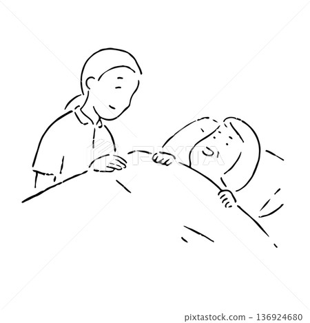 手繪的護理員照顧熟睡的老人_黑白 手繪的護理員照顧熟睡的老人_黑白 136924680