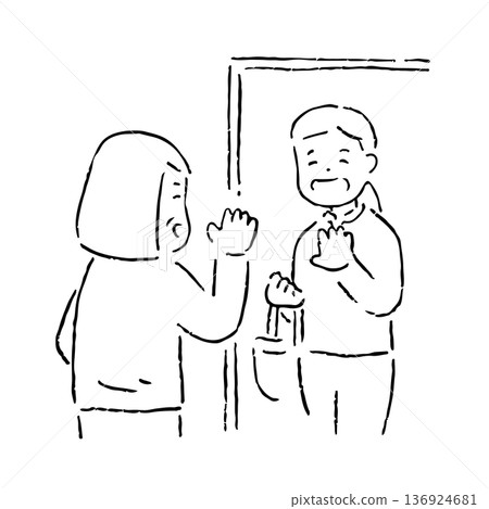 手繪家訪護理員和老人_黑白 136924681