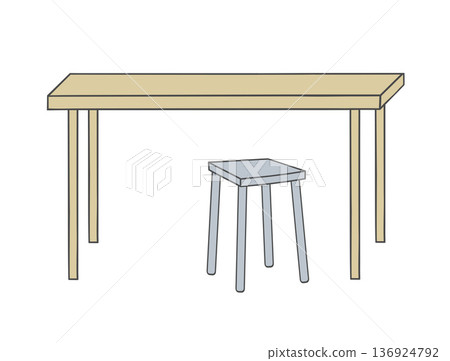 Rectangular table with four legs and simple square stool placed underneath. 136924792