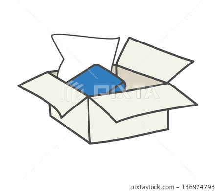 Open cardboard box with folded fabric and pillow inside. 136924793