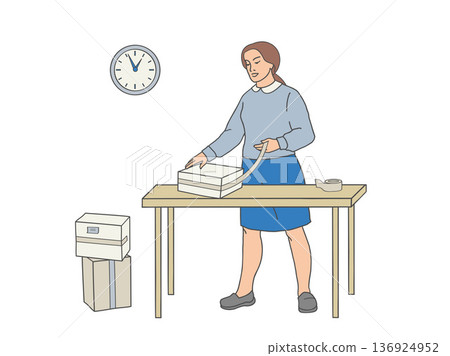 Woman sealing cardboard box with adhesive tape on table. Woman sealing cardboard box with adhesive tape on table. 136924952