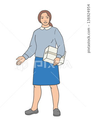 Woman holding cardboard box and gesturing with open hand, side view. Woman holding cardboard box and gesturing with open hand, side view. 136924954