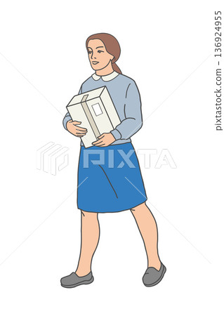Woman carrying cardboard box in hands, angled view. Woman carrying cardboard box in hands, angled view. 136924955