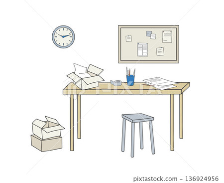 Table with open cardboard box, tape, papers, pencil holder, stool, wall clock and notice board. Table with open cardboard box, tape, papers, pencil holder, stool, wall clock and notice board. 136924956