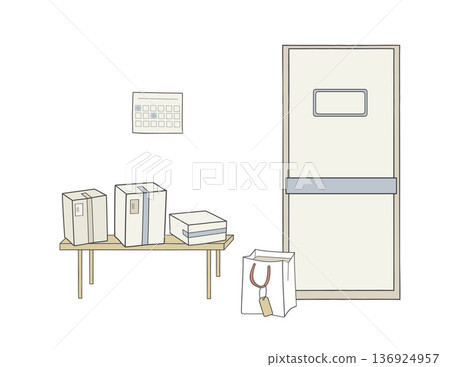 Parcels ready near door, Cardboard parcels and paper package placed on bench near closed door. Calendar on wall. Parcels ready near door, Cardboard parcels and paper package placed on bench near closed door. Calendar on wall. 136924957
