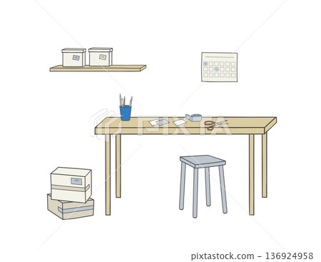 Table with tape, scissors, pencil holder and papers. Shelf with boxes and stool nearby. 136924958