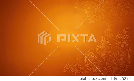 Elegant Orange Gradient Background with Subtle Golden Mandala and Paisley Pattern Decorations and Copy Space 136925234