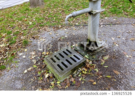 Old Hand Water Pump Located in the City Surrounded by Fallen Leaves on the Ground 136925526