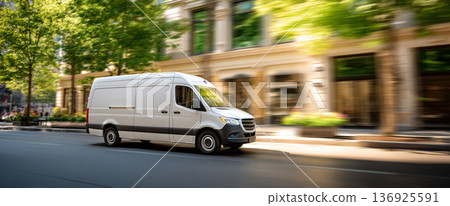 White cargo van driving fast on urban street with blurred background of trees and buildings in daylight 136925591