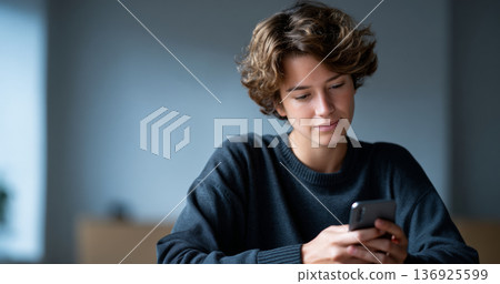 Young person with short curly hair wearing dark sweater looking at smartphone in softly lit indoor setting with blurred background 136925599