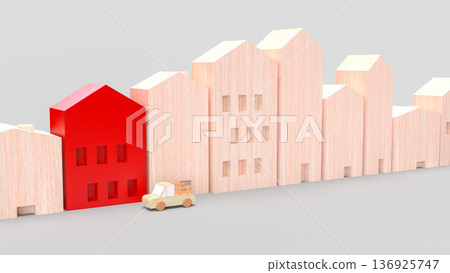 Red House Among Wooden Homes Real Estate Concept 3d render. Red House Among Wooden Homes Real Estate Concept 3d render. 136925747
