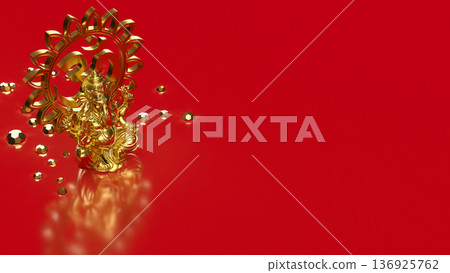 Golden Ganesha with Om Symbol on Red 3d render. 136925762