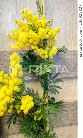 Bright yellow mimosa flowers on a wooden background, spring floral composition with copy space. Bright yellow mimosa flowers on a wooden background, spring floral composition with copy space. 136925827