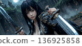 A beautiful black-haired girl holding twin swords 136925858
