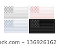 Four variations of the American flag line art, outline style in black and white, red, and blue colors, flat vector illustration design isolated on a white background. 136926162
